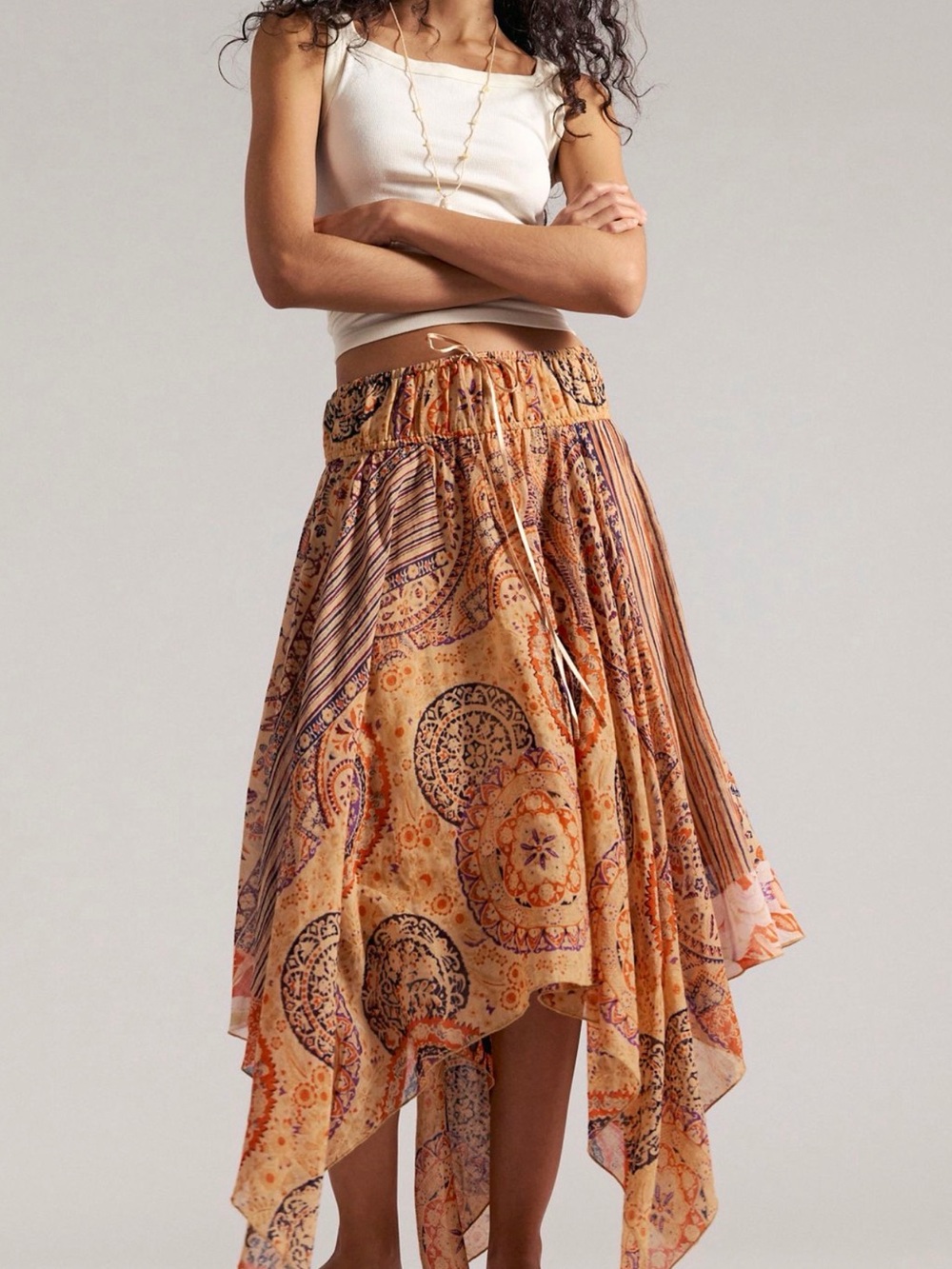 Free People One Kaia Asymmetrical Skirt.Boho Handkerchief Skirt in Peach Paisley